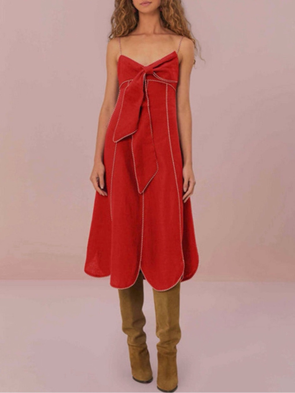 NWT FARM Rio Red Front Bow Linen Midi Dress Dark Red Size M MSRP $270